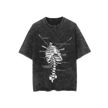 Стиль Женская футболка Хлопок Круглый вырез Принт скелета на Хэллоуин Винтажная стирка Потертый дизайн S