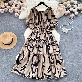 Стиль знаменитостей с короткими рукавами и принтом, длинное платье трапециевидной формы с рюшами и краями, летнее платье One Size синий