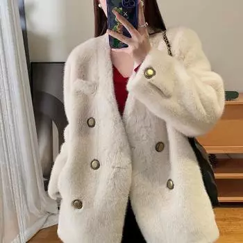 Стиль знаменитостей, Темперамент, Осенне-зимняя шуба, Мех золотой норки, Композитный мех норки средней длины, Экологически чистый мех S