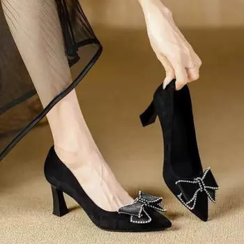 stiletto high heels 2025 spring new pointed rhinestone women s single shoes bow super high heel sexy shallow mouth women s shoes 34 чёрный