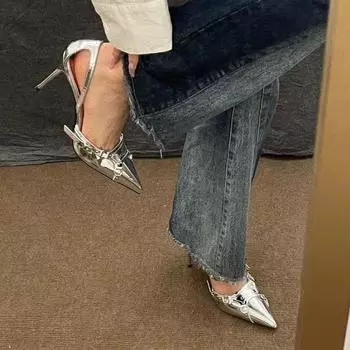 stiletto high heels sandals 2025 new pointed rivets socialite lady silver patent leather single shoes female sexy hollow 34