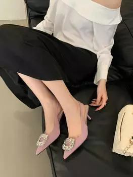 Stiletto High Heels Temperament Socialite Black Bag Head Sandals Fairy Shoes Pointed Single Shoes 35 розовый