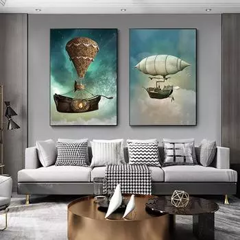 Стимпанк Дирижабль Фэнтези Холст Картина Мечтательные Плакаты Печать Звездная Пыль Космический Настенный Декор Настенное Искусство для Детской Комнаты Декор 21x30cm No Framed