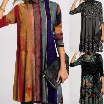 StingyBoy женское свободное повседневное платье с литературным ретро-принтом и половиной высокого воротника и длинными рукавами S