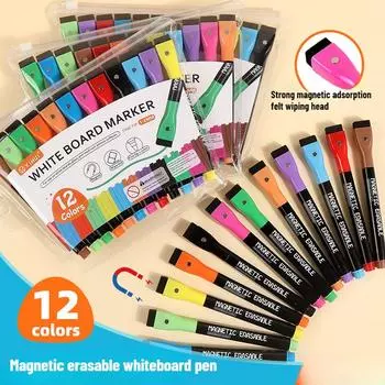 Стираемая магнитная ручка для белой доски с большой емкостью, тонкая пластиковая ручка на водной основе с кисточкой для оголовья, детская ручка для рисования граффити, маркер без следов разноцветный
