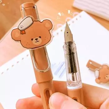 Стираемая ручка с синими чернилами, 4 чернильных мешочка, улучшенные возможности письма, мультяшный медведь