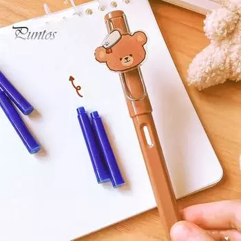 Стираемая ручка с синими чернилами, 4 чернильных мешочка, улучшенные возможности письма, стираемая ручка в форме мультяшного медведя с ластиком на конце 1 Set