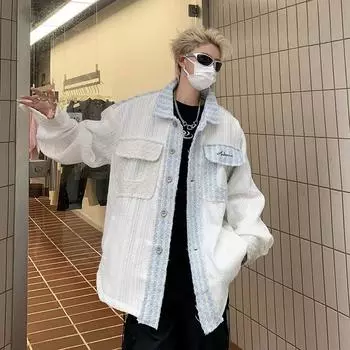Стираная джинсовая куртка Splicing Сезонная американская свободная мужская куртка для пары Дизайн модного бренда Топ M белый