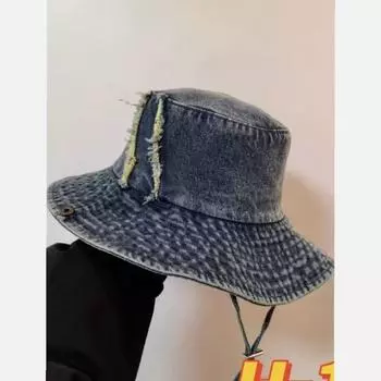 Стираная джинсовая шляпа рыбака для детей, осень и зима, для отдыха, универсальная, ретро, для лица, для небольшого макияжа, для путешествий, для скалолазания, прилива M56-58cm чёрный