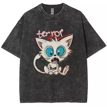 Стираная футболка мужская милая кошка графика Канье хлопковая футболка унисекс одежда удобная одежда свободная негабаритная S
