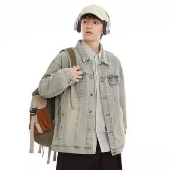 Стираная ретро джинсовая куртка мужская свободная модная брендовая мужская одежда большого размера американская инструментальная куртка модная M синий