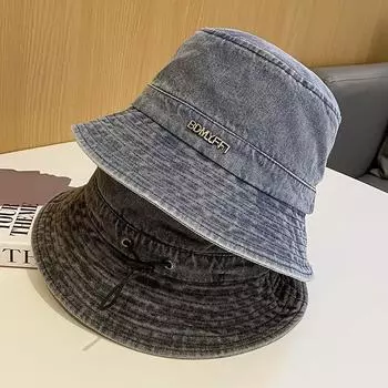Стираная старая джинсовая шляпа-ведро с завязками на шнурке, женская версия, повседневная, универсальная, простая, складная, для макияжа, шляпа для раковины, маленькая шляпа Adjustable светло-синий