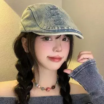 Стираная старая синяя джинсовая шляпа вперед женская японская ретро-берет большая окружность головы показывающая лицо маленькая остроконечная шляпа прилив M (56-58cm) letter denim washed forward светло-синий