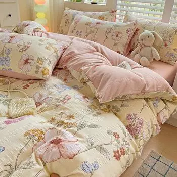 Стиранное приятное для кожи постельное белье комплект из четырех предметов комплект из трех предметов пододеяльник с цветочным узором простыня наволочка 1.2m bed