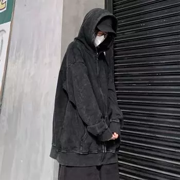 Стираные потертые толстовки с капюшоном, уличная женская толстовка в стиле гранж, готика, оверсайз, с длинными рукавами, на молнии, винтажный кардиган для пар M