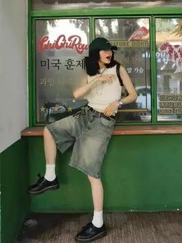 Стираные повседневные потертые ретро прямые шорты Demin 2024 новые модные свободные широкие брюки с высокой талией узкие брюки пятого размера 2XL синий