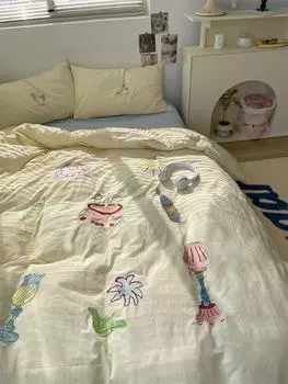 Стираный хлопок с вышивкой «девчачье сердце» из чистого хлопка, комплект из четырех предметов из стираного хлопка, простыня из чистого хлопка, пододеяльник 1.2m bed sheet 3pcs