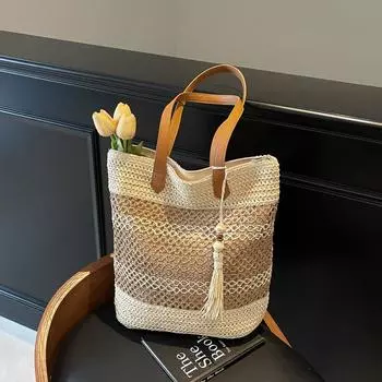 Stitching Woven Handbag Women s Large Capacity Shoulder Bag бежевый