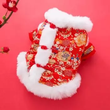 Сто цветов Золотой шелк Одежда для собак Праздничная Китайский Новый год Утепленная и теплая Двуногая Одежда Тан Бишон Щенок Новогодняя одежда для питомца XS (recommended weight 1-1.5kg)