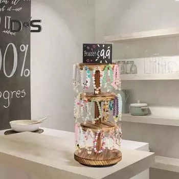 Стойка для хранения браслетов Мини-доска с 3 ярусами, вращающаяся устойчивая основа, деревянный держатель для выставки браслетов в ювелирном магазине, домашний декор, полка для хранения браслетов кофейный