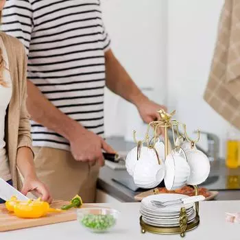 Стойка для хранения чайных чашек, металлическая подставка для кружек с 6 крючками, вешалка для кружек с птицей, кухонный органайзер для кофейных чашек и блюдец france