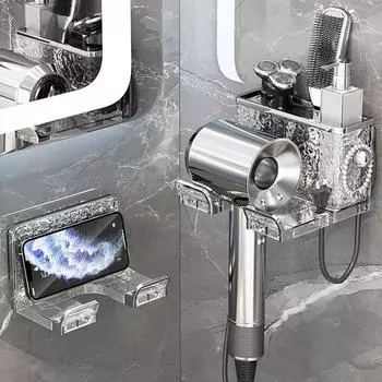 Стойка для хранения фена, настенная, без проколов, текстура водной ряби, держатель для фена для ванной комнаты с футляром для хранения зубной щетки, расчески, бритвы серебряный