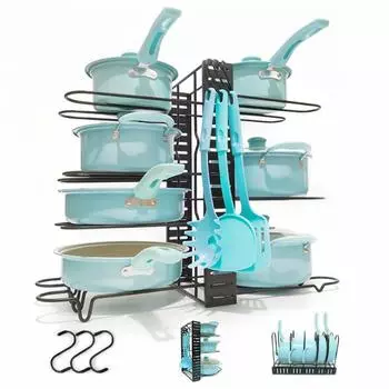 Стойка для хранения кастрюль и сковородок Liebbon с 8-ю 3-мя регулируемыми разделителями для хранения на кухне Rust Heat под раковиной, крючками, вертикально/горизонтально,