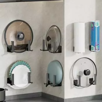 Стойка для хранения крышек для кастрюль, настенная, без сверления, съемная, водонепроницаемая, с сильной липкостью, противоскользящая, органайзер для разделочной доски, настенная для кухни, крышка для кастрюль чёрный