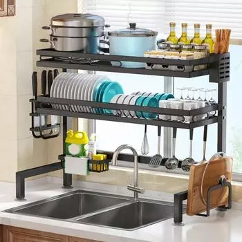 Стойка для хранения кухонной посуды, регулируемая длина, грузоподъемность 144 фунта, нержавеющая, легко моется, большая металлическая стойка для посуды Single Layer чёрный