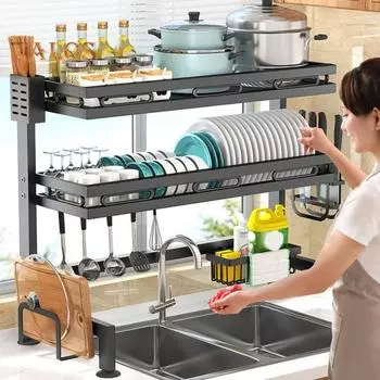 Стойка для хранения кухонной посуды, регулируемая длина, грузоподъемность 144 фунта, нержавеющая, легко моется, большая металлическая стойка для посуды Single Layer чёрный