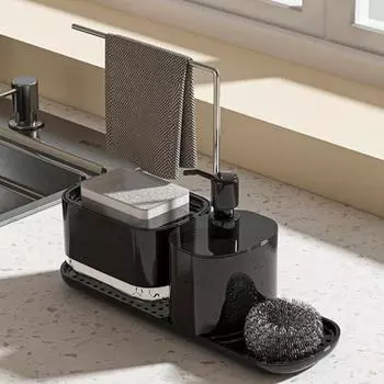 Стойка для хранения на столешнице, держатель для губки с дозатором мыла, органайзер для кухонной раковины, быстросохнущий чёрный