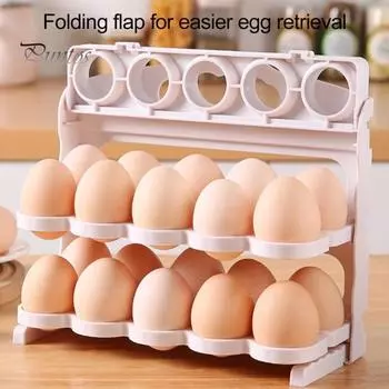 Стойка для хранения яиц Большая вместимость Складная конструкция Без сборки Холодильник Реверсивный многослойный держатель для яиц белый