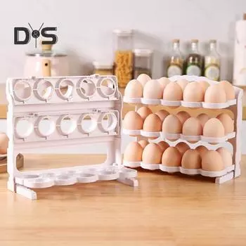 Стойка для хранения яиц Большая вместимость Складная конструкция Без сборки Холодильник Реверсивный многослойный держатель для яиц белый