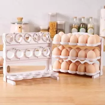 Стойка для хранения яиц Большая вместимость Складная конструкция Без сборки Холодильник Реверсивный многослойный держатель для яиц белый