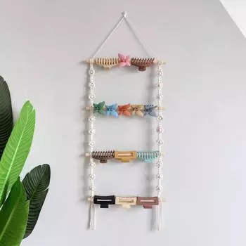 Стойка для хранения шпилек в стиле бохо, классификация, плетеная подвесная кисточка, экономящая место, деревянный зажим для волос, органайзер, бытовые принадлежности бежевый