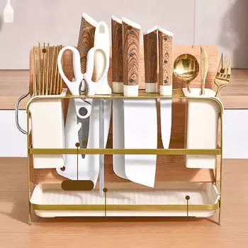 Стойка для сушки палочек для еды Многофункциональная углеродистая сталь и полипропиленовый держатель для кухонных принадлежностей, цвет золотой