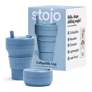 STOJO складная дорожная кружка с трубочкой стального синего цвета 16 унций 470 мл многоразовая карманная силиконовая бутылка для горячих холодных напитков идеально подходит для кемпинга и походов