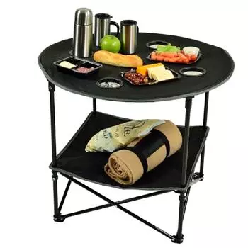 Стол для кемпинга - 2-х уровневый складной стол с 4 подстаканниками и сумкой для переноски для пикника, похода на заднюю дверь, пляжа или кемпинга - Снаряжение для кемпинга на открытом воздухе чёрный