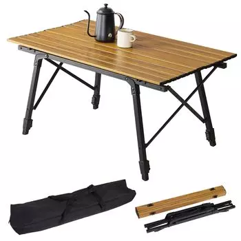 Стол для кемпинга Hagiwara с плавной регулировкой высоты, складной, в комплект входит сумка для хранения, ширина 100, текстура древесины, LOT-4494