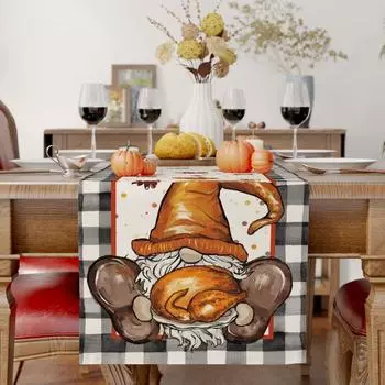 Стол на День Благодарения, льняная дорожка для стола, клетчатый буйвол, гном, украшения на День Благодарения, украшения для домашнего стола, праздничные подарки 150x33cm59x13inch