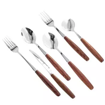 Столовые приборы с деревянной ручкой, ножи, вилки, ложки, набор из шести предметов One Size серебряный