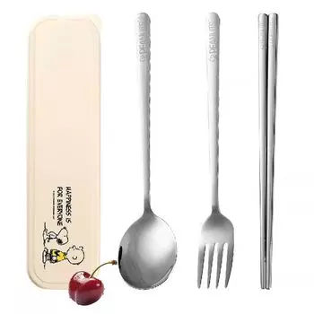Столовые приборы Snoopy 304 из нержавеющей стали Портативный набор столовой посуды с хранением Идеально подходит для или в качестве подарка Набор из 3 предметов, Палочки для еды, Ложка, Сталь, Чехол, Милый, Гигиеничный,