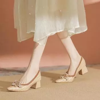 Stone pattern thick heel pointed single shoes women s spring and autumn new summer middle heel high heels flower rhinestones 34 абрикосовый