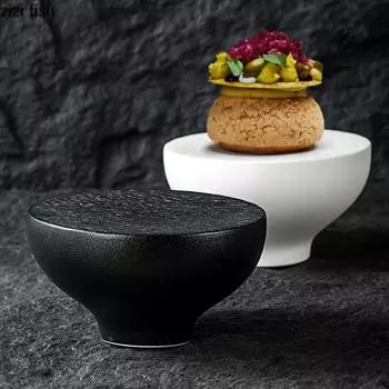 Stone Patterned Black and White Ceramic High Footed Plate Snack Plate Dessert Plate Sushi Plates Restaurant Creative Tableware