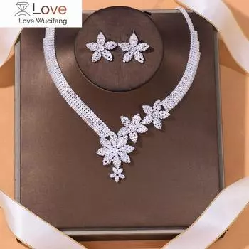 Stonefans Цирконий Цветы Ожерелье И Серьги Комплект Ювелирных Изделий Для Женщин Новая Мода Нигерия Стразы Праздничный Комплект Ювелирных Изделий Подарочный