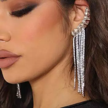 Stonefans новые роскошные блестящие стразы с длинной кисточкой, зажим для ушей, манжеты, изысканные винтажные серьги-клипсы, модные свадебные украшения Gold Earrings