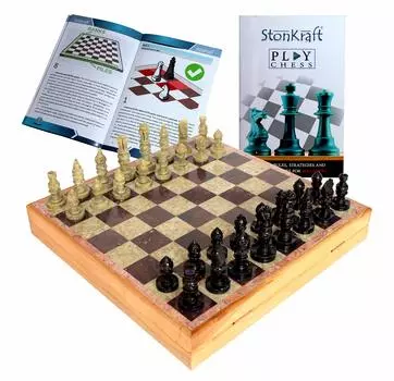 StonKraft Hand Carved Chess Board with Wooden Base Stone Inlaid Works Chess Game Board Set - -