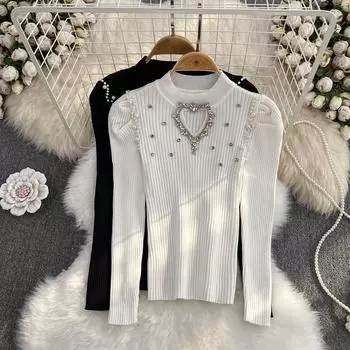 Стоячий воротник-пузырь с длинным рукавом и бриллиантами, полый вязаный свитер, модный топ с длинным рукавом в западном стиле, женский