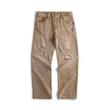 Straight Fit Thin Summer Spring Micro-ripped Moth Yellow Wide-leg Denim Trousers 28