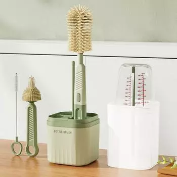 Straight handle silicone bottle brush, multi-function portable nipple brush, container cleaning cup brush set зелёный